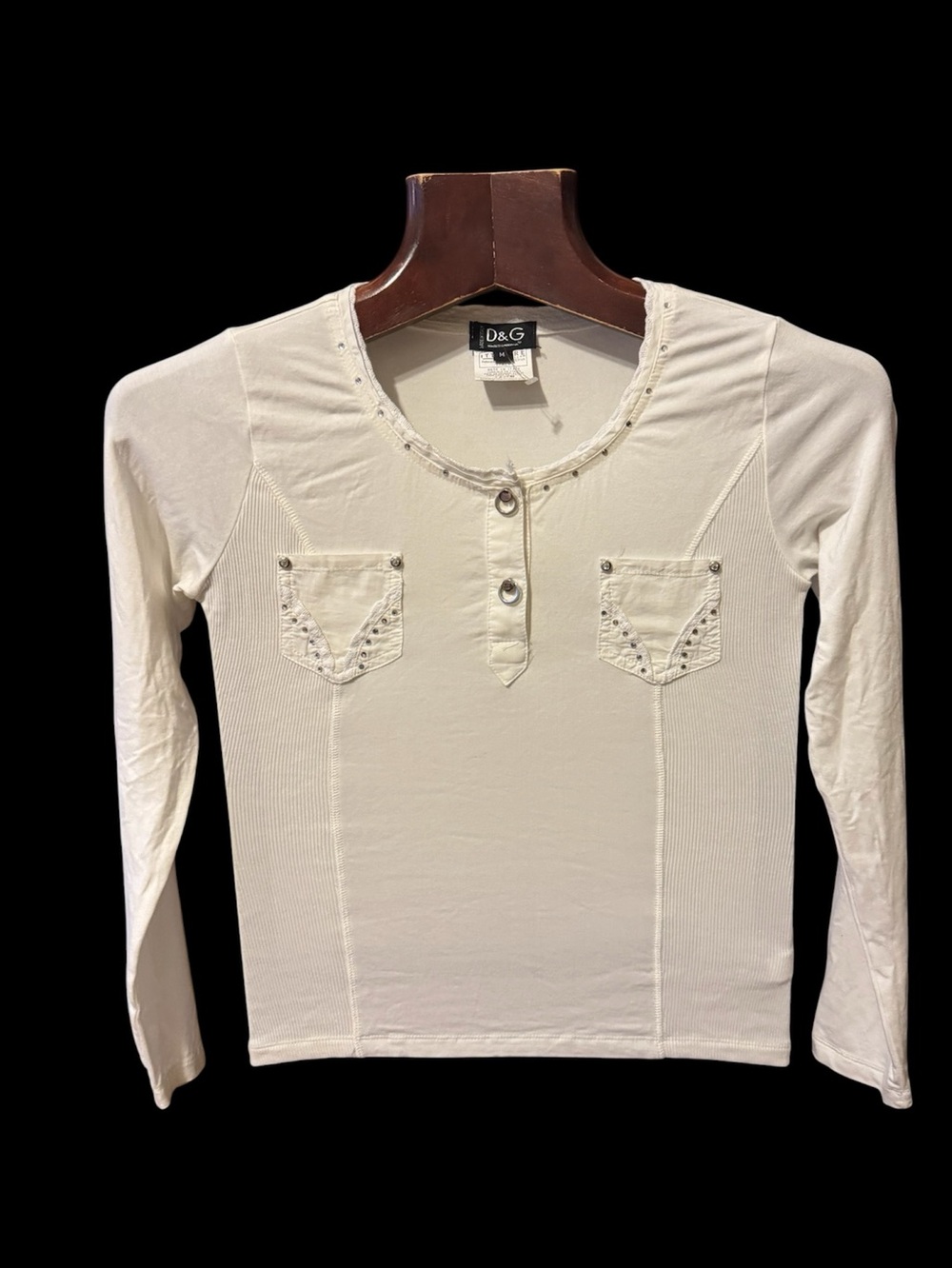 D&G white cotton stretchy Long-Sleeve Embellished Henley Tee size M